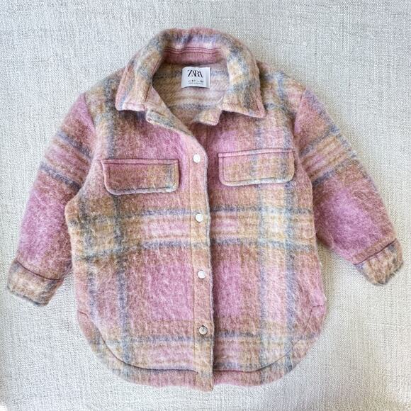 Zara Girls Oversized Wool-blend Pink Plaid Overshirt Shacket VGUC 6/7 - Picture 1 of 6